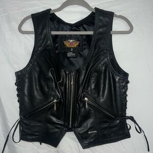 Y2K Harley-Davidson Women’s Black Leather Moto Vest Lace-Up Sides Zip Front M